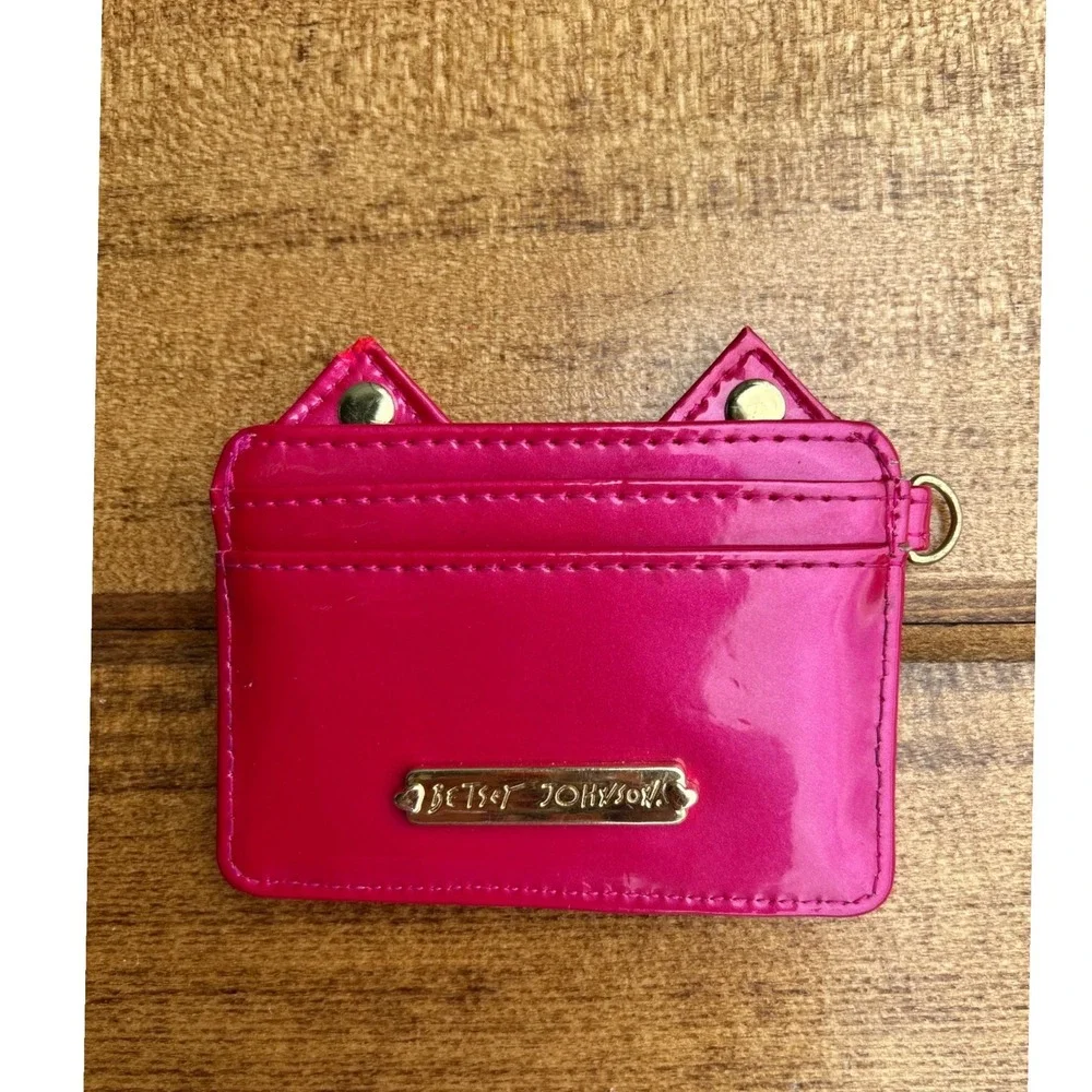 Betsey Johnson Cat Card Holder Hot Pink Studded Faux Patent Leather Y2K Wallet
